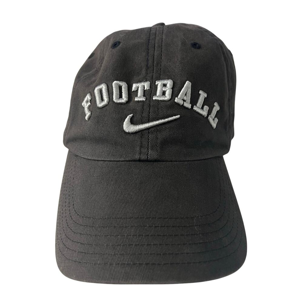 Vtg 90s Nike Football Strapback Hat Adjustable Black Cap Gray Tag